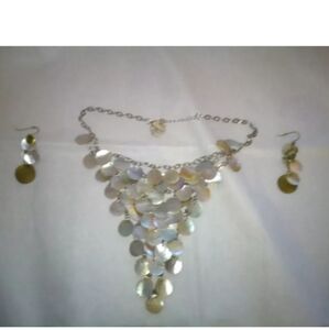 SOLD ..Mother of Pearl Shell Necklace Vintage Cascading Bib  17”  & earrings